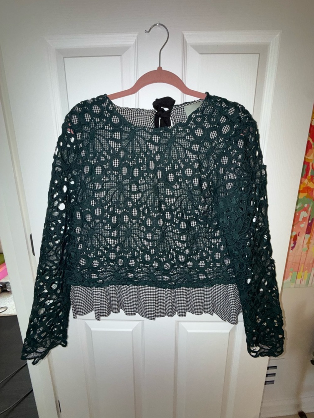 Maeve by Anthropologie Green Crochet Lace Layered Top w/ Gingham Peplum Ruffle